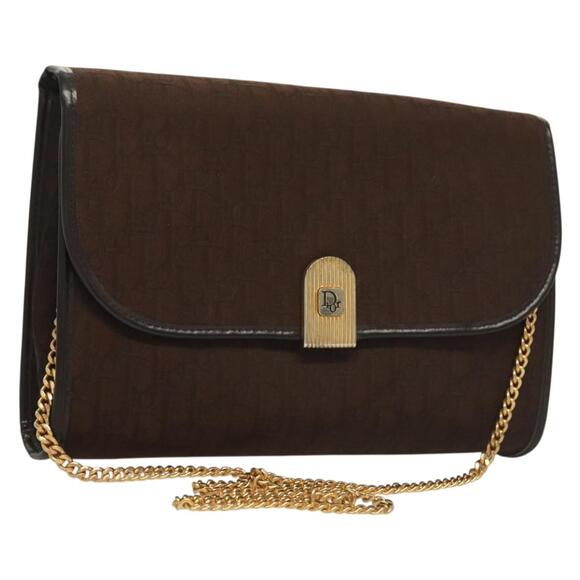 DIOR Trotter Canvas Chain Shoulder Bag Dark Brown Gold - Picture 1 of 12